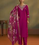 Women pink cotton blend embroidered straight kurta with pant & organza jacquard printed dupatta