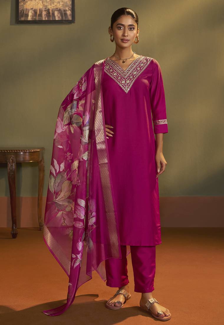 Women pink cotton blend embroidered straight kurta with pant & organza jacquard printed dupatta