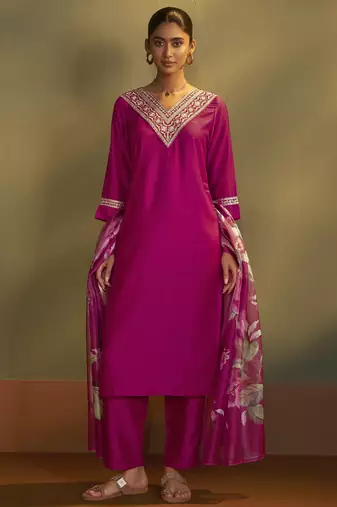 Women pink cotton blend embroidered straight kurta with pant & organza jacquard printed dupatta