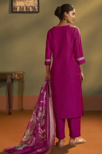 Women pink cotton blend embroidered straight kurta with pant & organza jacquard printed dupatta
