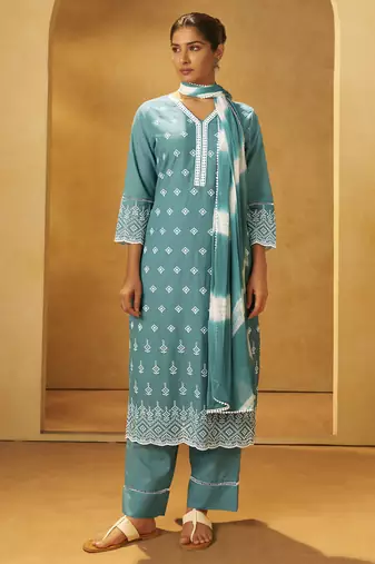 Turquoise blue pure cotton schiffli embroidered straight kurta set dupatta