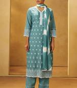 Turquoise blue pure cotton schiffli embroidered straight kurta set dupatta