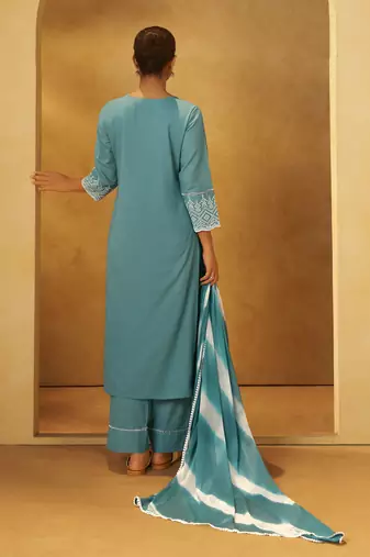 Turquoise blue pure cotton schiffli embroidered straight kurta set dupatta