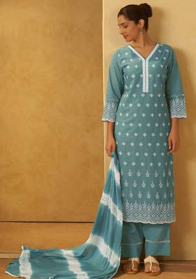 Turquoise blue pure cotton schiffli embroidered straight kurta set dupatta 3