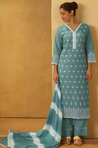 Turquoise blue pure cotton schiffli embroidered straight kurta set dupatta