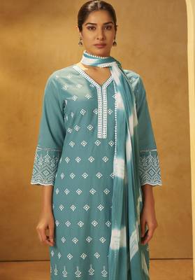 Turquoise blue pure cotton schiffli embroidered straight kurta set dupatta 4