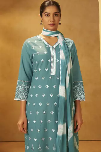 Turquoise blue pure cotton schiffli embroidered straight kurta set dupatta