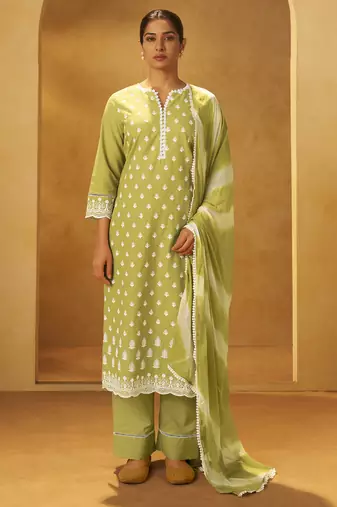 Light green pure cotton schiffli embroidered straight kurta set dupatta