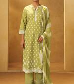 Light green pure cotton schiffli embroidered straight kurta set dupatta