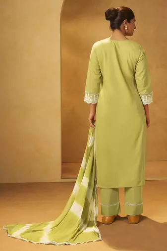 Light green pure cotton schiffli embroidered straight kurta set dupatta