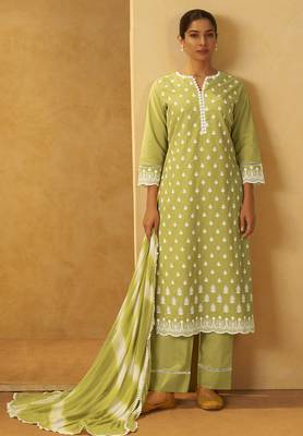 Light green pure cotton schiffli embroidered straight kurta set dupatta 3