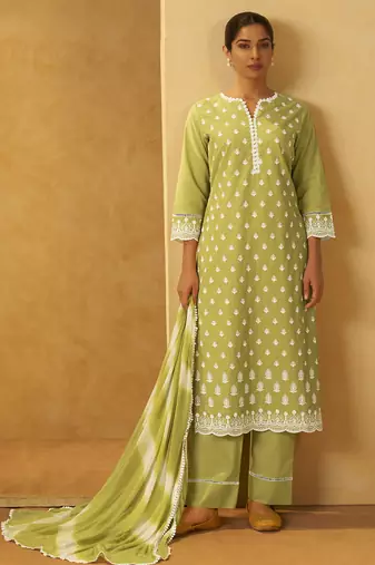 Light green pure cotton schiffli embroidered straight kurta set dupatta
