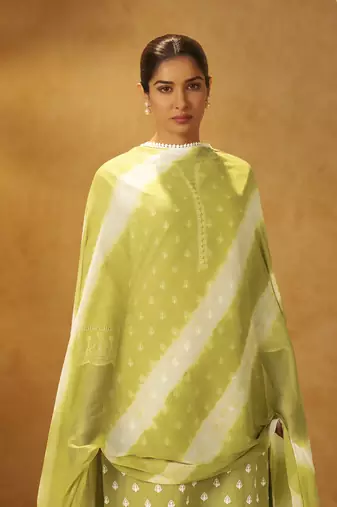 Light green pure cotton schiffli embroidered straight kurta set dupatta