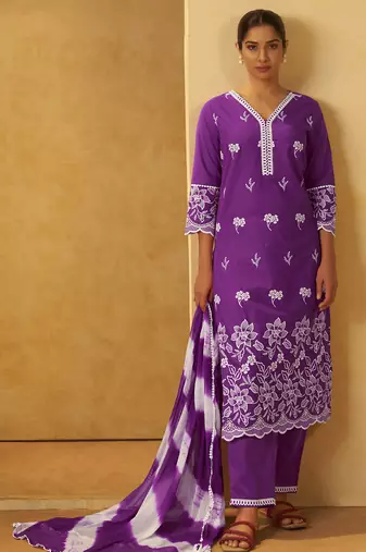 Purple pure cotton schiffli embroidered straight kurta set dupatta