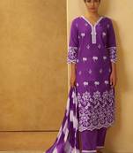 Purple pure cotton schiffli embroidered straight kurta set dupatta