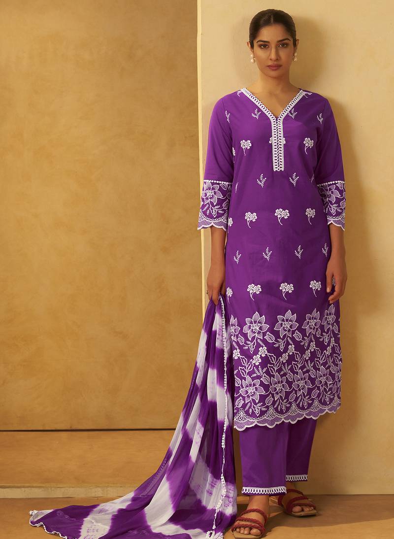 Purple pure cotton schiffli embroidered straight kurta set dupatta