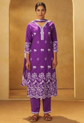 Purple pure cotton schiffli embroidered straight kurta set dupatta 2