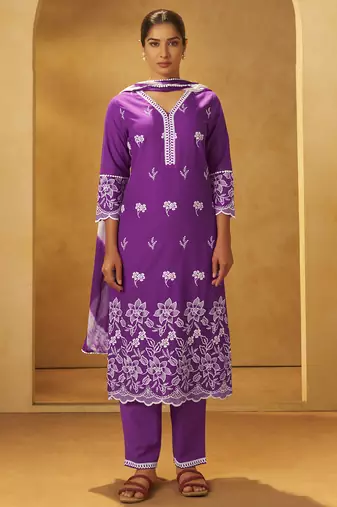 Purple pure cotton schiffli embroidered straight kurta set dupatta