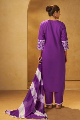 Purple pure cotton schiffli embroidered straight kurta set dupatta 3