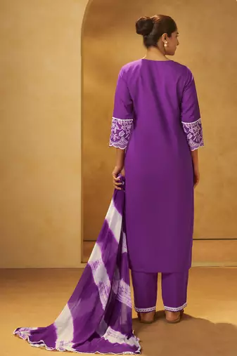 Purple pure cotton schiffli embroidered straight kurta set dupatta