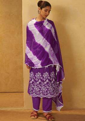 Purple pure cotton schiffli embroidered straight kurta set dupatta 4