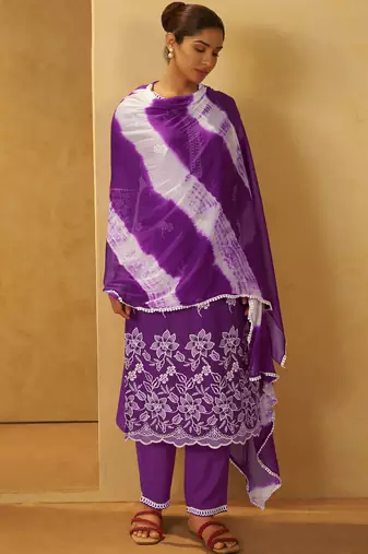 Purple pure cotton schiffli embroidered straight kurta set dupatta