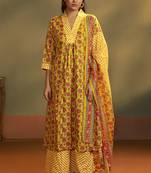 Women’s yellow cotton blend printed flared kurta with printed pant & chanderi printed dupatta