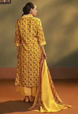 Women   s yellow cotton blend printed flared kurta with printed pant & chanderi printed dupatta 2