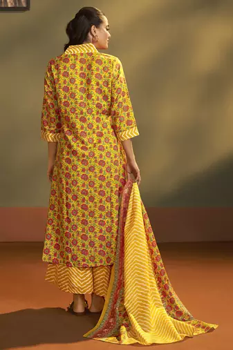 Women   s yellow cotton blend printed flared kurta with printed pant & chanderi printed dupatta