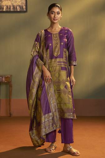 Wine jacquard art silk fla wine kurta set with cotton bottom & silk blend dupatta