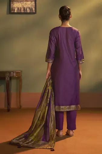 Wine jacquard art silk fla wine kurta set with cotton bottom & silk blend dupatta