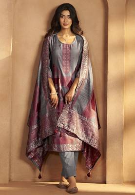 Grey jacquard art silk fla grey kurta set with cotton bottom & silk blend dupatta 1
