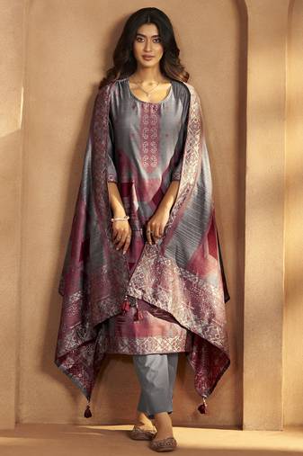 Grey jacquard art silk fla grey kurta set with cotton bottom & silk blend dupatta