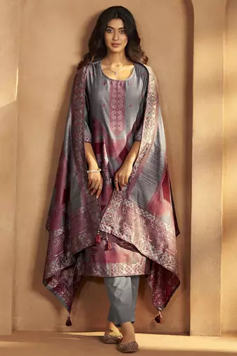 Grey jacquard art silk fla grey kurta set with cotton bottom & silk blend dupatta