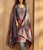 Grey jacquard art silk fla grey kurta set with cotton bottom & silk blend dupatta