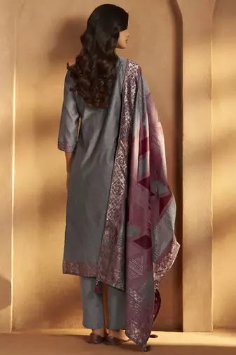Grey jacquard art silk fla grey kurta set with cotton bottom & silk blend dupatta
