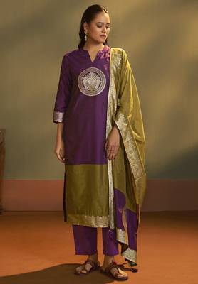 Wine jacquard art silk kurta set with cotton bottom & silk blend dupatta 1