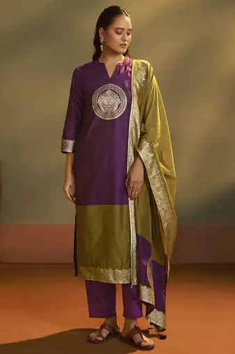 Wine jacquard art silk kurta set with cotton bottom & silk blend dupatta