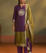 Wine jacquard art silk kurta set with cotton bottom & silk blend dupatta