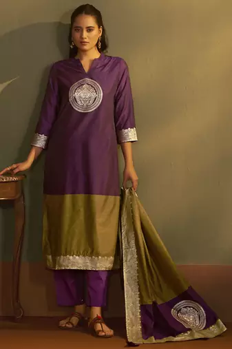 Wine jacquard art silk kurta set with cotton bottom & silk blend dupatta