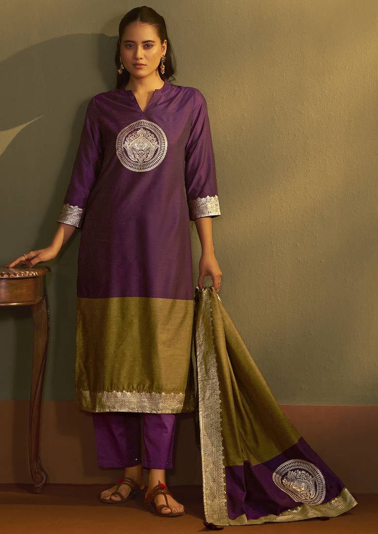 Wine jacquard art silk kurta set with cotton bottom & silk blend dupatta