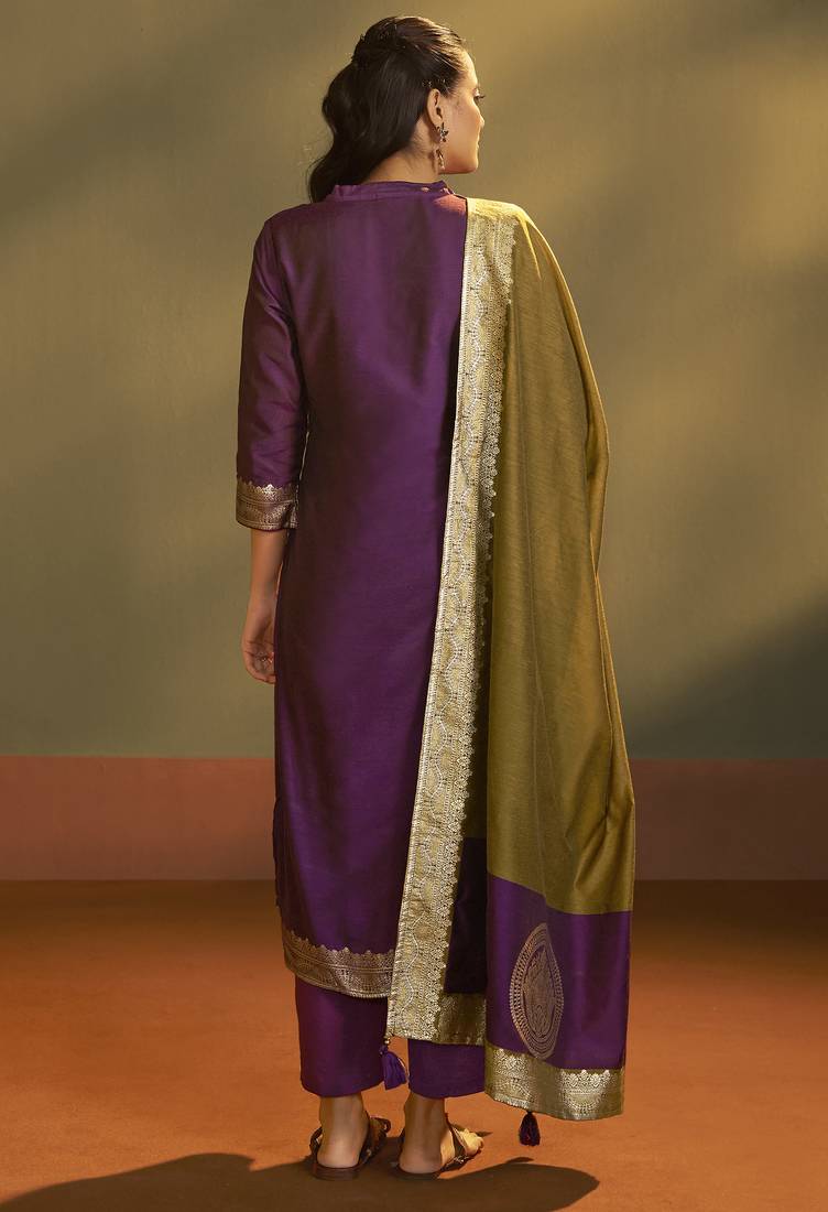 Wine jacquard art silk kurta set with cotton bottom & silk blend dupatta
