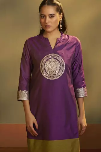 Wine jacquard art silk kurta set with cotton bottom & silk blend dupatta