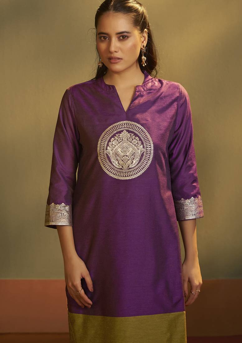 Wine jacquard art silk kurta set with cotton bottom & silk blend dupatta