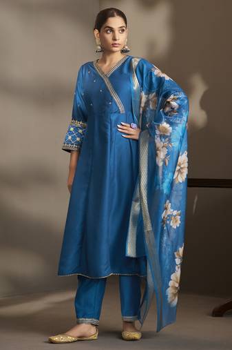 Women blue cotton embroidered straight anarkali kurta set with printed organza dupatta & pants