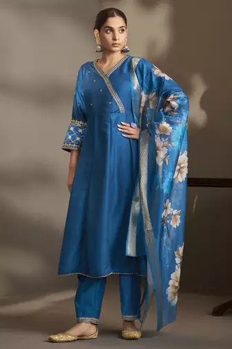 Women blue cotton embroidered straight anarkali kurta set with printed organza dupatta & pants