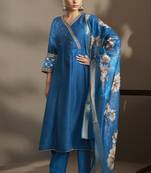 Women blue cotton embroidered straight anarkali kurta set with printed organza dupatta & pants