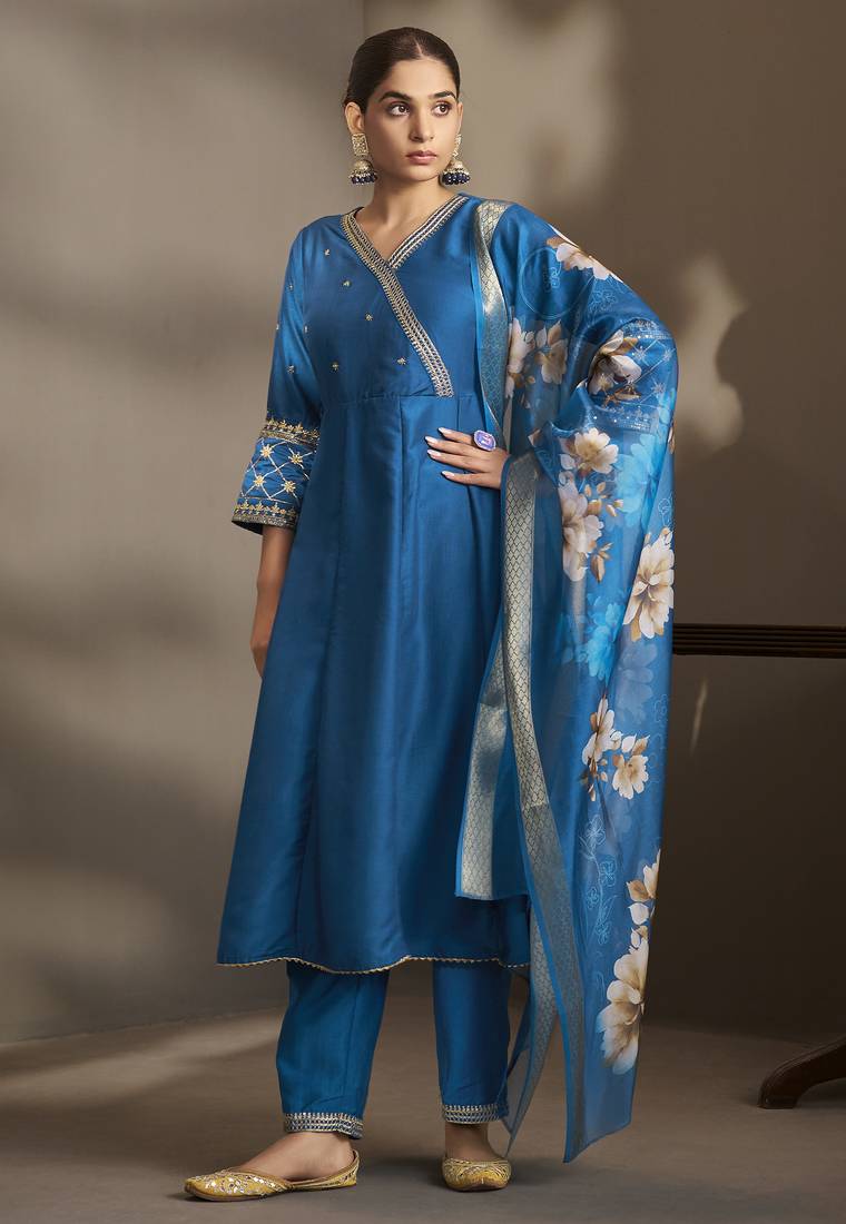 Women blue cotton embroidered straight anarkali kurta set with printed organza dupatta & pants