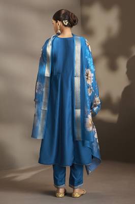 Women blue cotton embroidered straight anarkali kurta set with printed organza dupatta & pants 2