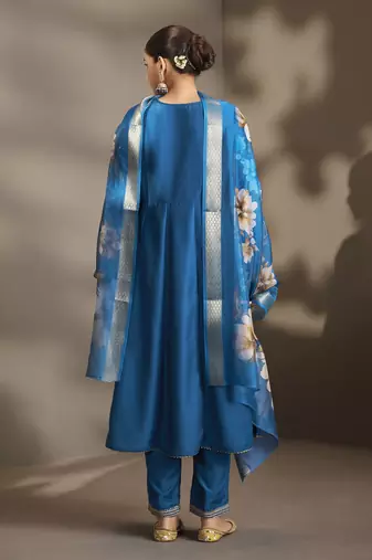 Women blue cotton embroidered straight anarkali kurta set with printed organza dupatta & pants